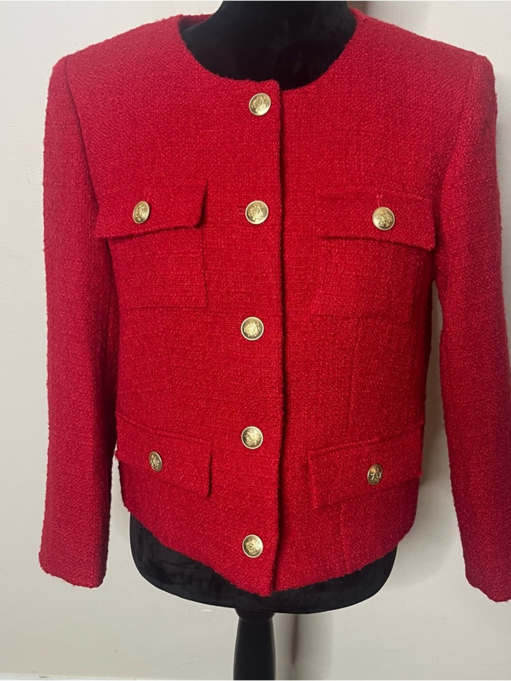 J. Crew Red Bouclé Military-Style Button Jacket - Picture 2 of 16